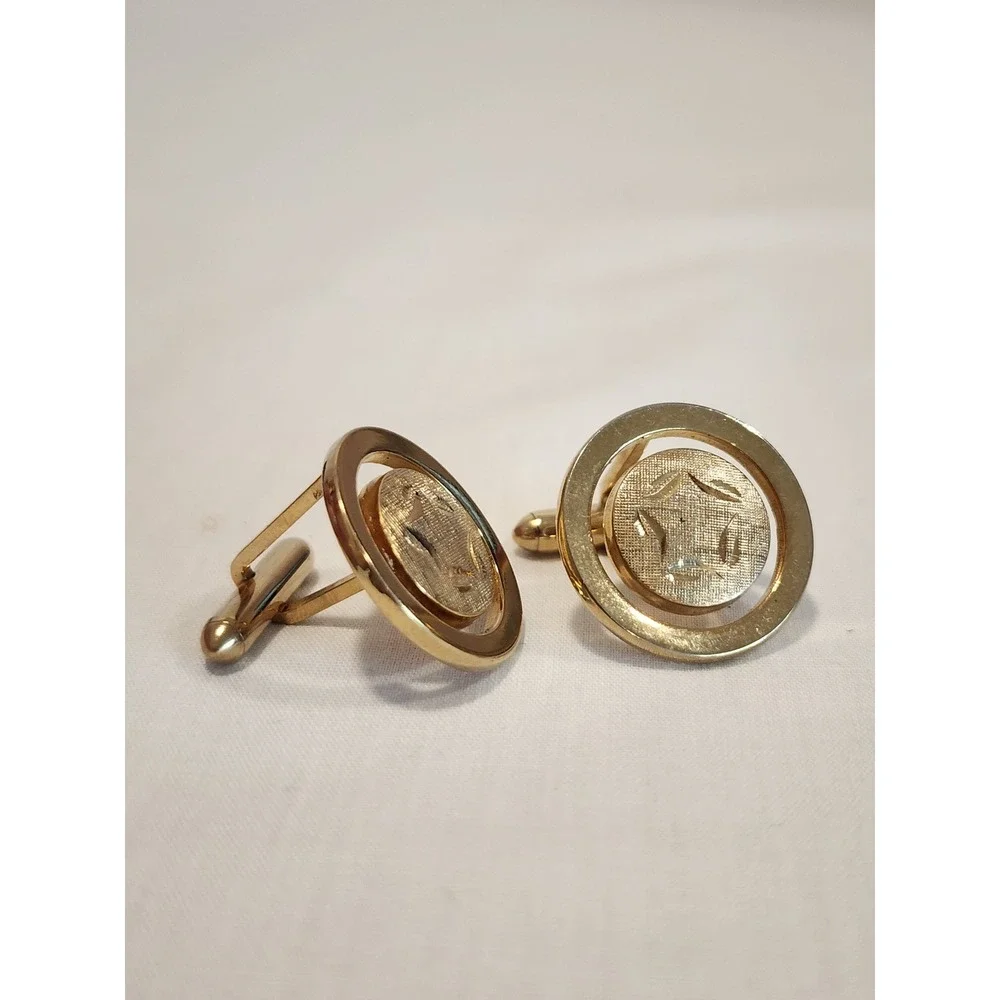Vintage Swank Gold Tone Round Textured Starburst Mid Century Modern Cufflinks